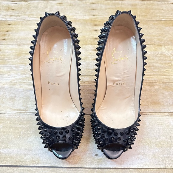 Christian Louboutin Black Patent Spike Lady Peep Toe Platform Pumps. - Picture 2 of 8